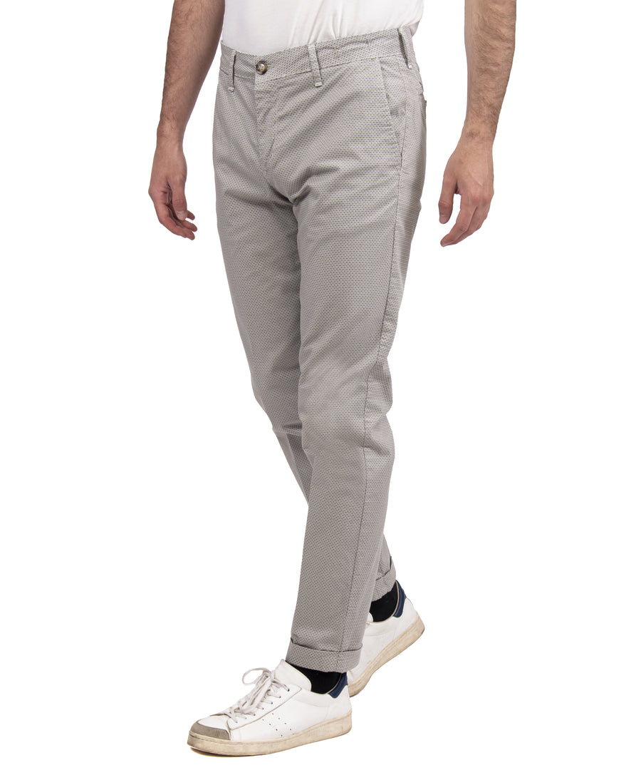 Pantalone cotone estivo elasticizzato VP, microfantasia blu e marrone su fondo grigio chiaro