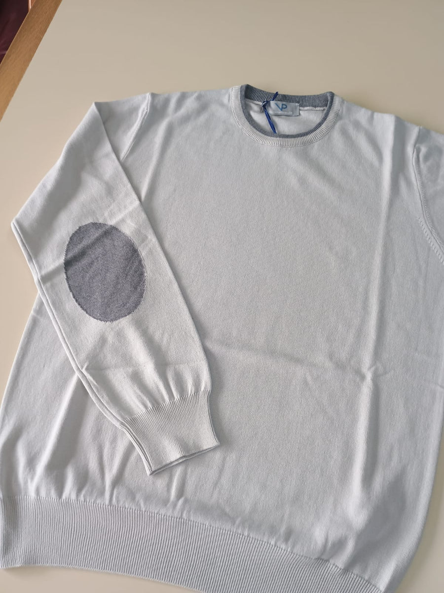 Maglia VP Italian Brand, Girocollo in Cotone, colore Ghiaccio con bordo e toppe grigie