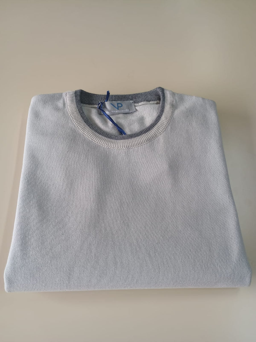 Maglia VP Italian Brand, Girocollo in Cotone, colore Ghiaccio con bordo e toppe grigie