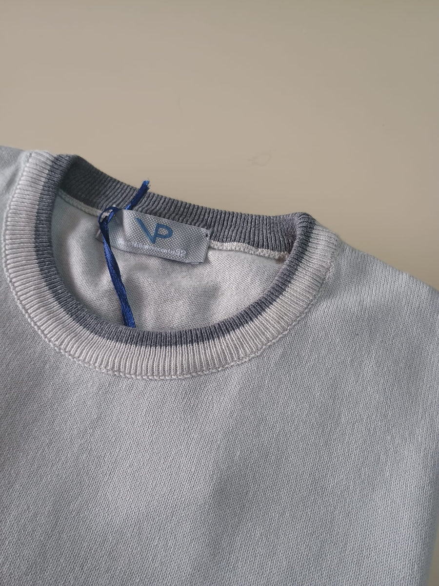 Maglia VP Italian Brand, Girocollo in Cotone, colore Ghiaccio con bordo e toppe grigie