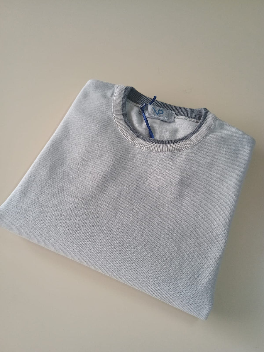 Maglia VP Italian Brand, Girocollo in Cotone, colore Ghiaccio con bordo e toppe grigie