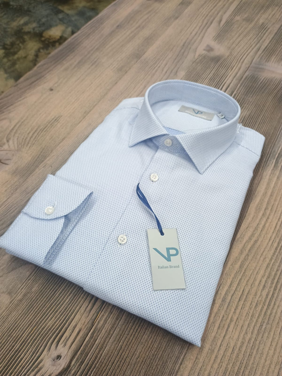 Camicia in Cotone VP, bianca con nido d'ape celeste