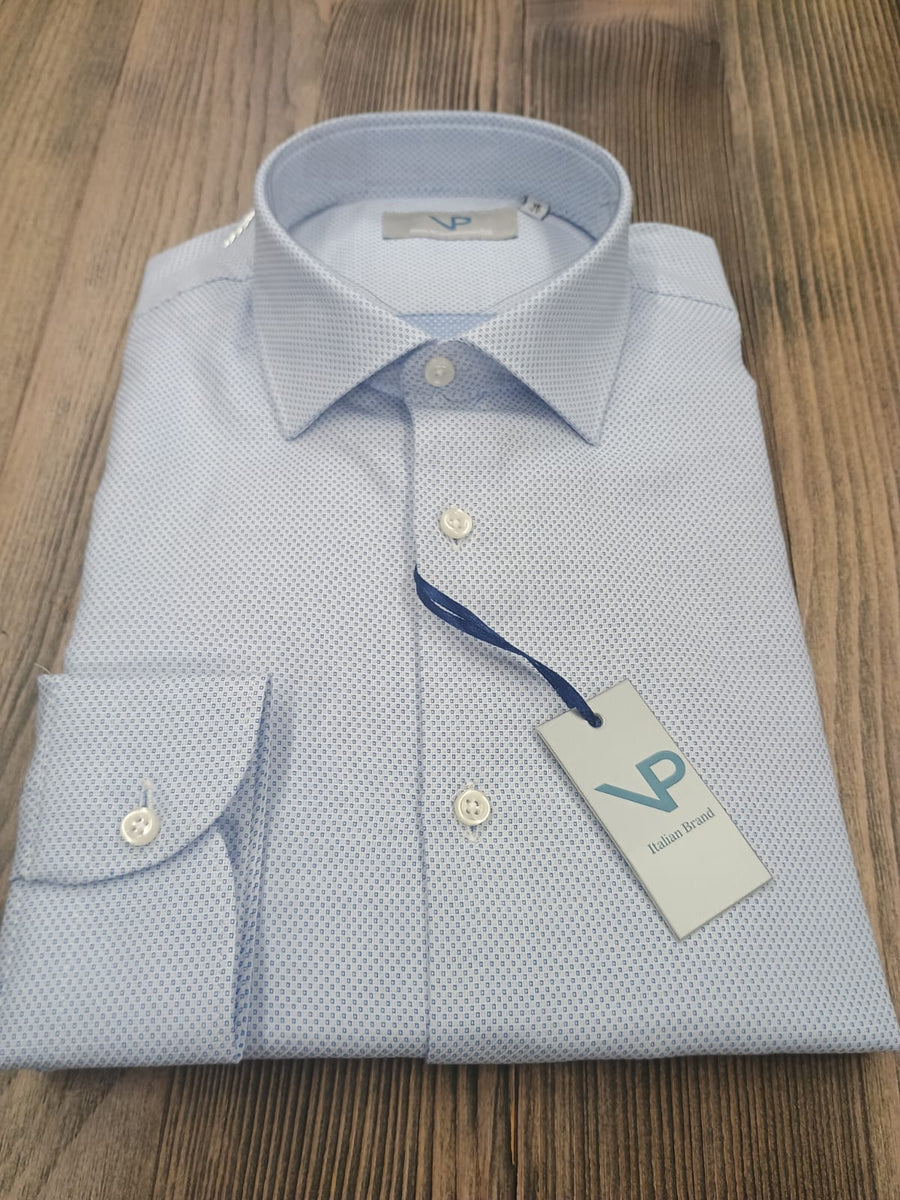 Camicia in Cotone VP, bianca con nido d'ape celeste