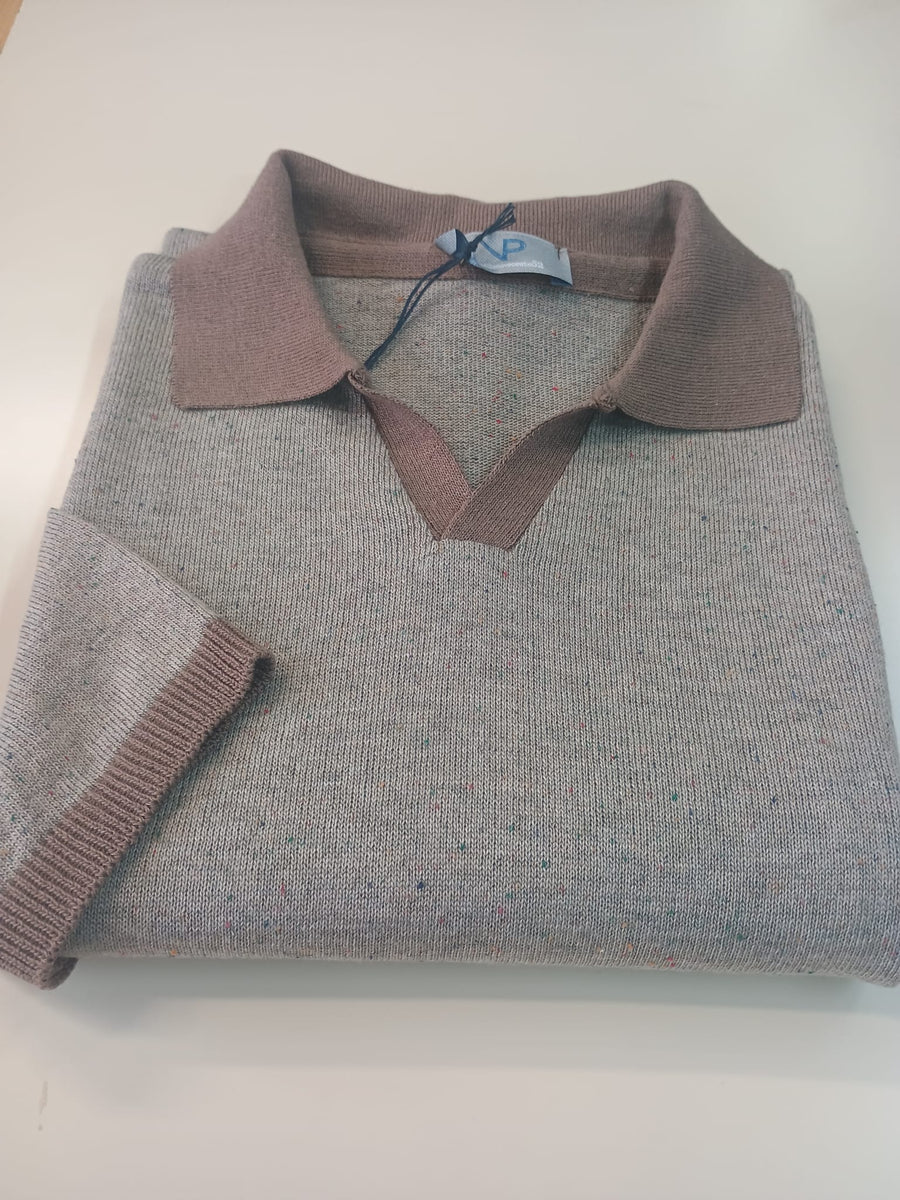 Polo in maglia VP Italian Brand, colore beige melange collo derby