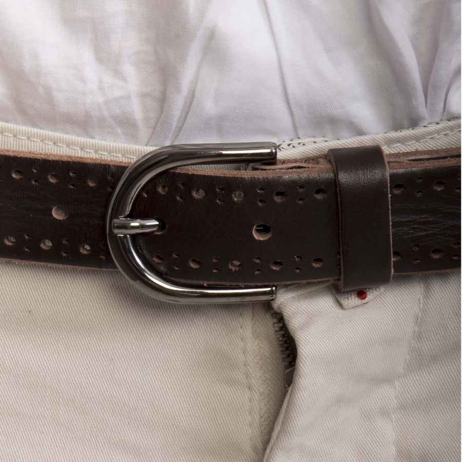 Cintura in pelle traforata VP marrone, Made in Italy