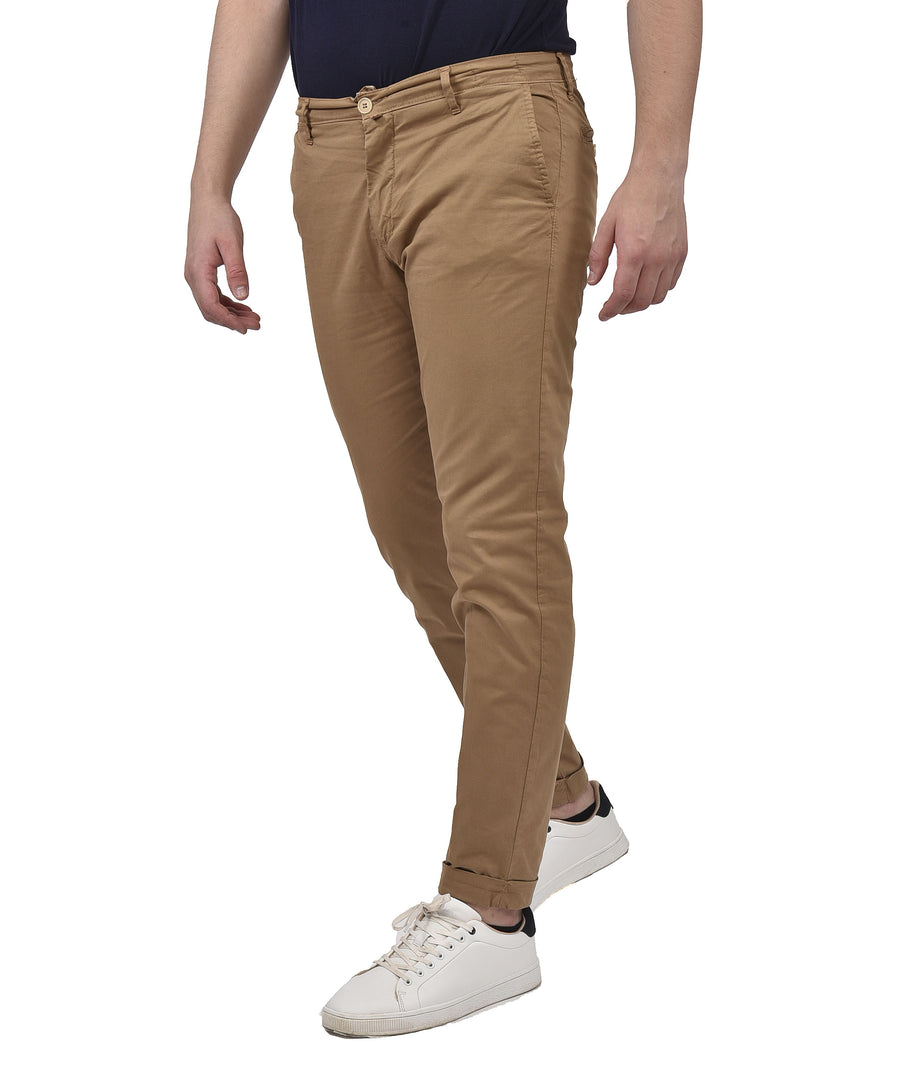 Pantalone cotone estivo in gabardina elasticizzata VP, colore cuoio