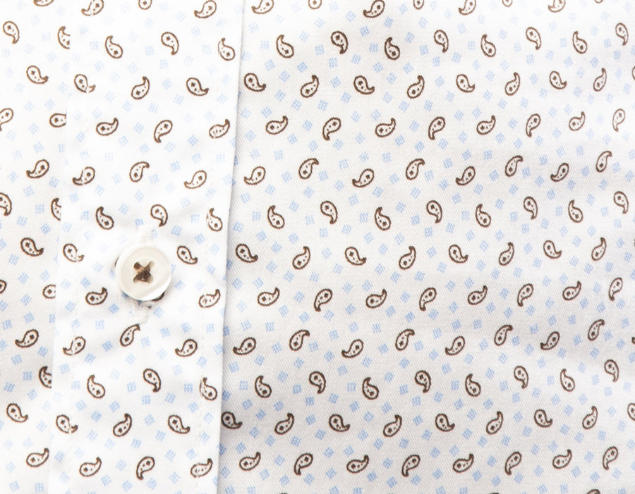Camicia D117794T cotone bianca con microfantasia marrone/celeste