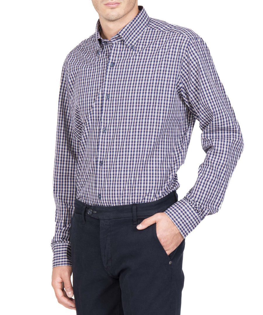 Camicia D13905T cotone blu quadretto bianco/marrone